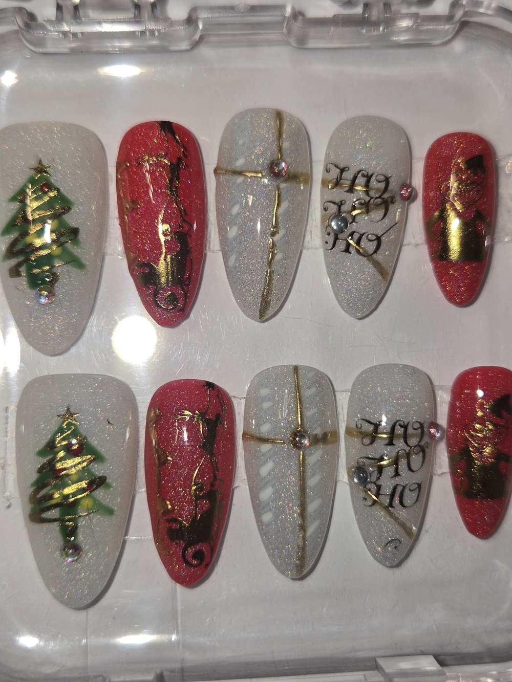 Hand Crafted Red, White & Gold Holiday Press-On Nails